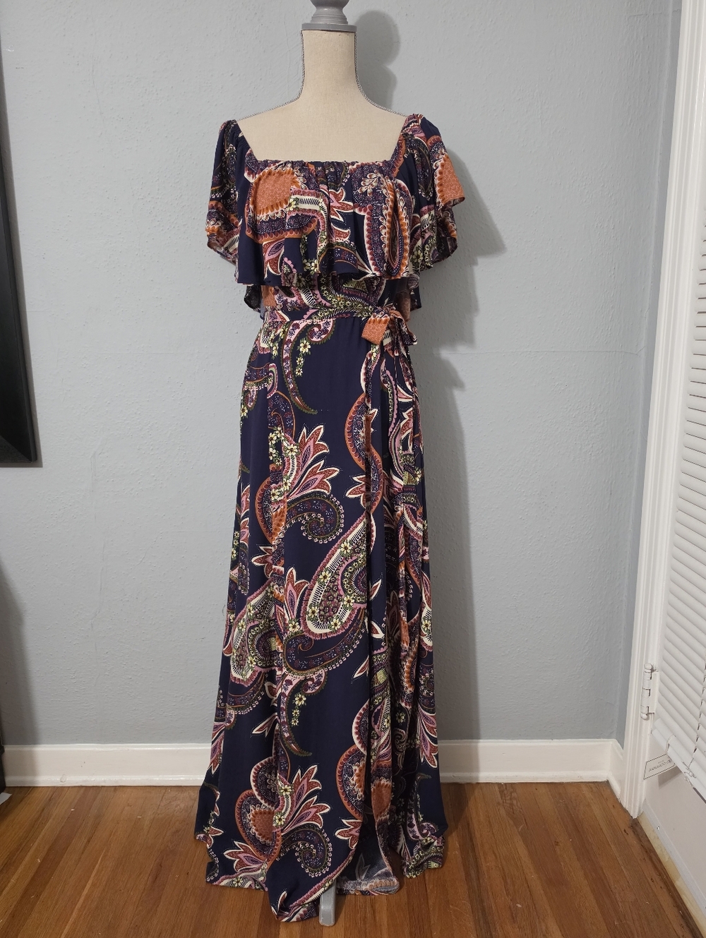 Baltic Born Navy Paisley Off Shoulder Ruffle Maxi Dress Large